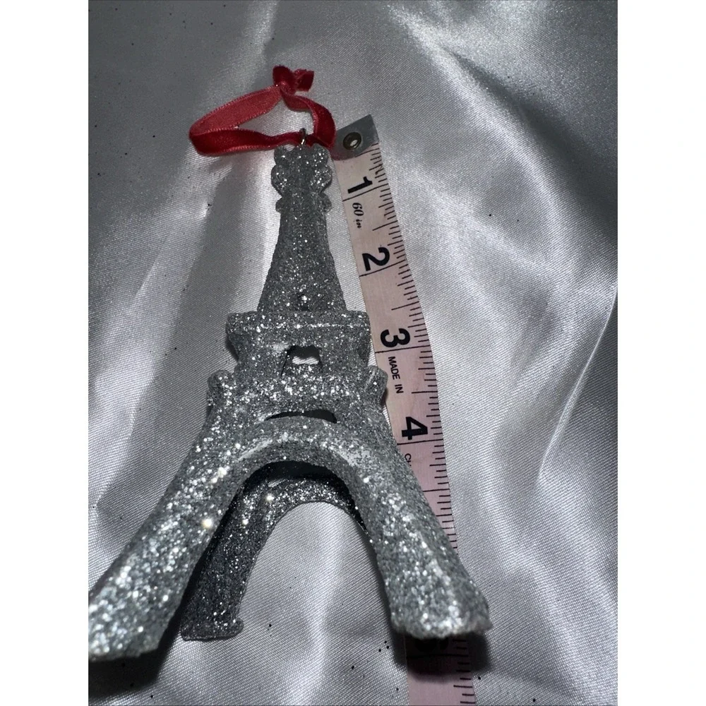 Silver Glitter Eiffel Tower Christmas Ornament Paris France Red Velvet Ribbon